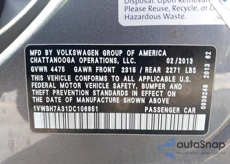 2013 Volkswagen Passat 2.5L Se from USA, damaged, VIN 1VWBH7A31DC106851